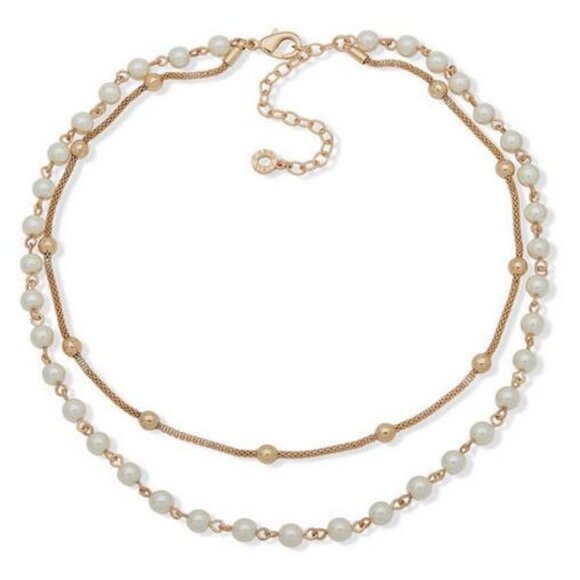 Anne Klein Gold Tone Imitation Pearl Double Loop Convertible Necklace NWT - Picture 1 of 3